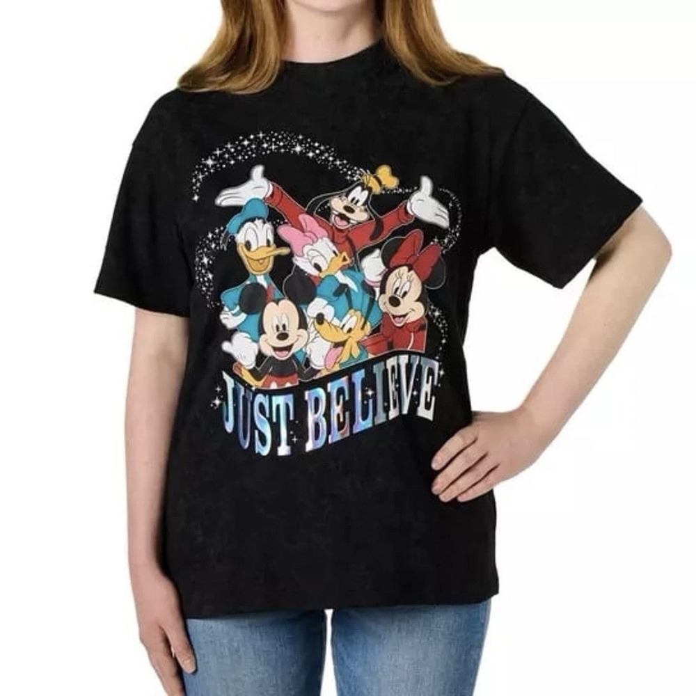 Disney Women's Black Heathered "Just Believe" Mickey And Friends T-Shirt Size M